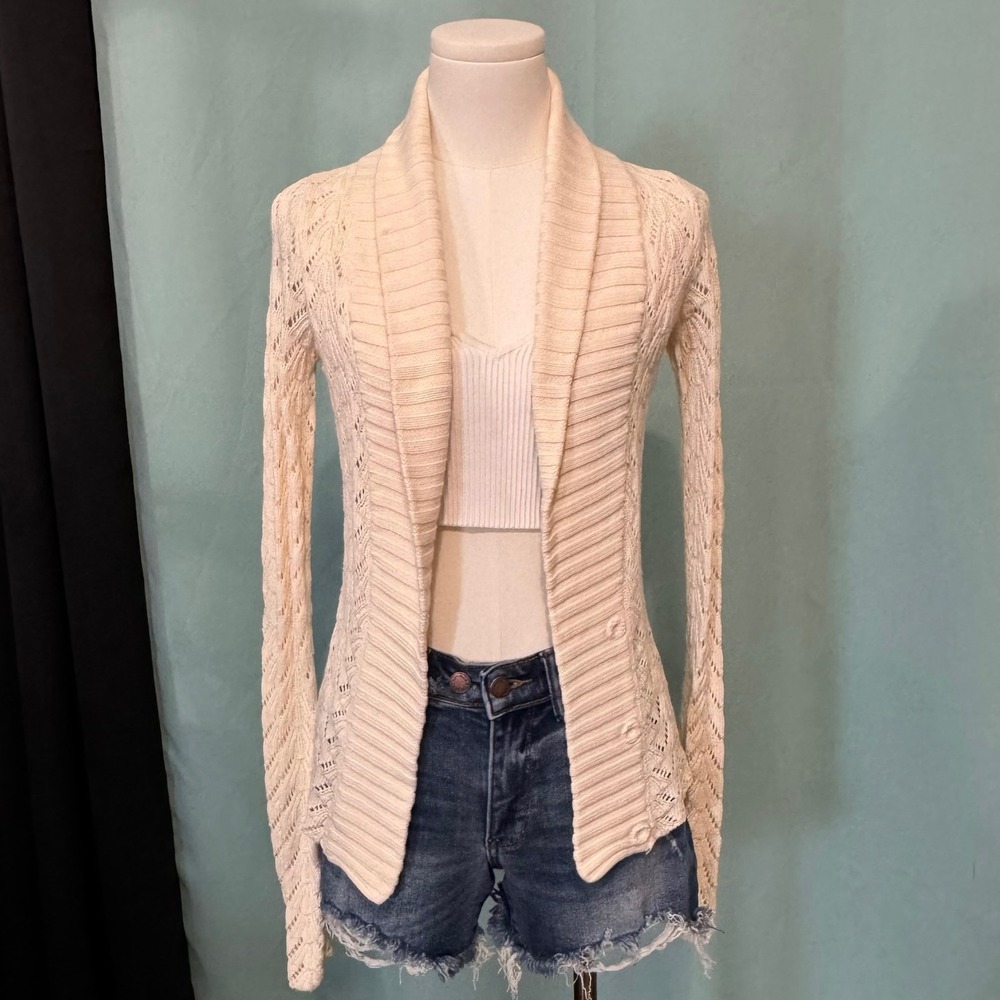 Hollister Pointelle Vintage Knit Cardigan Cream S Collar Cottagecore Boho Preppy